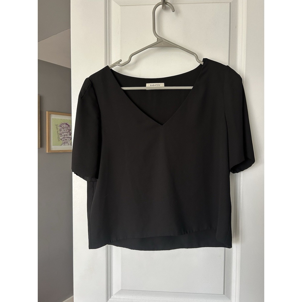 Aritzia Babaton Womens Black V Neck Cropped Blouse Short Sleeve Size Small
